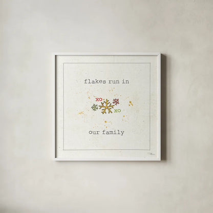 Christmas Cuties V - Flakes Run in Our Family by Pela Studio. Shown in a crisp white glass frame for a clean and minimalist style. Available as an archival giclee rolled canvas, fine art paper, or poster print. SKU 30848a.