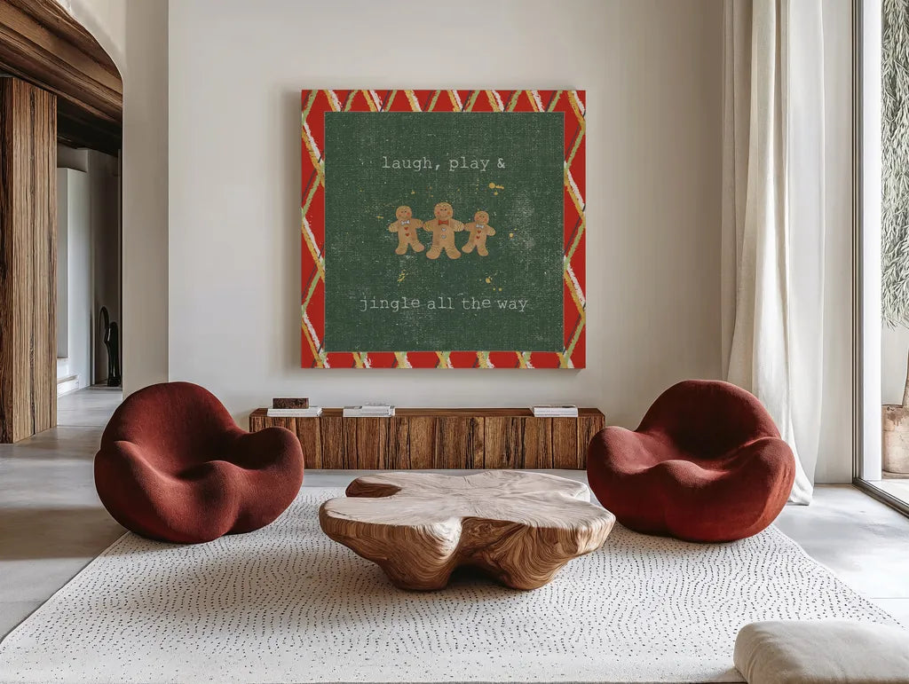 Christmas Cuties VI Dark Green by Pela Studio. Shown as extra-large giant wall art in a modern living room. Available as an archival giclee rolled canvas, fine art paper, or poster print. SKU 47515a.
