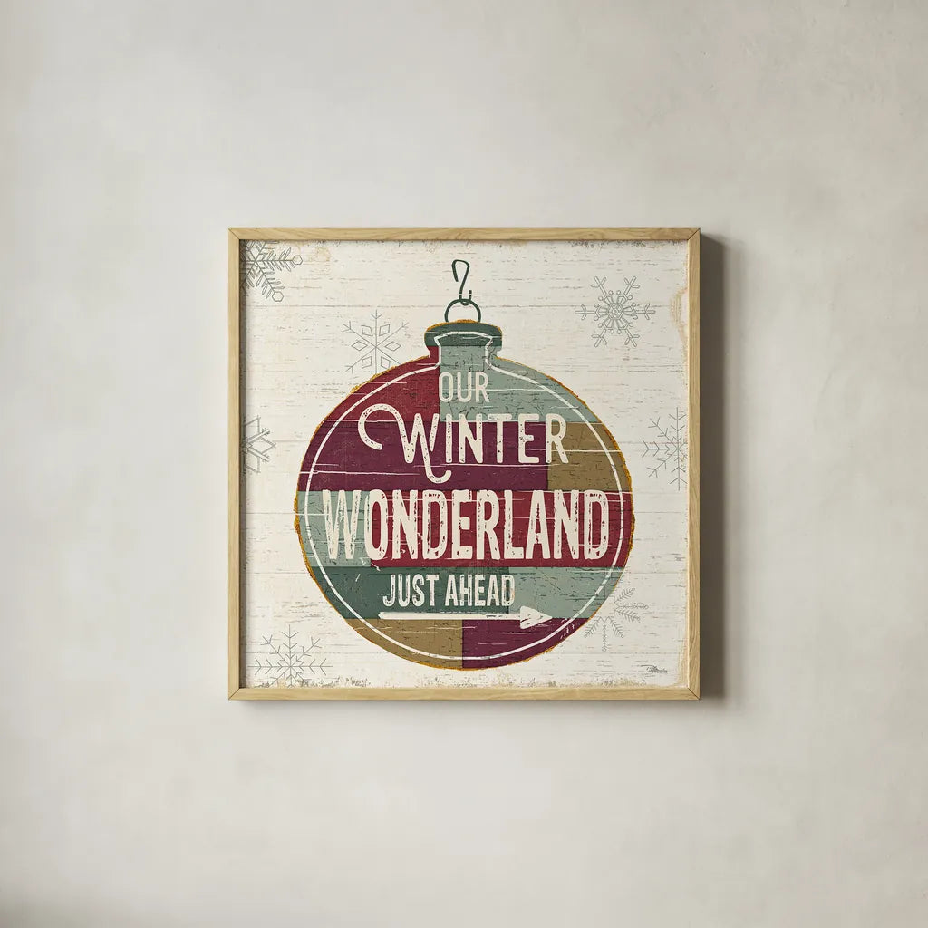Christmas Signs II by Pela Studio. Shown in a natural wood glass frame for a timeless modern aesthetic. Available as an archival giclee rolled canvas, fine art paper, or poster print. SKU 36672a.