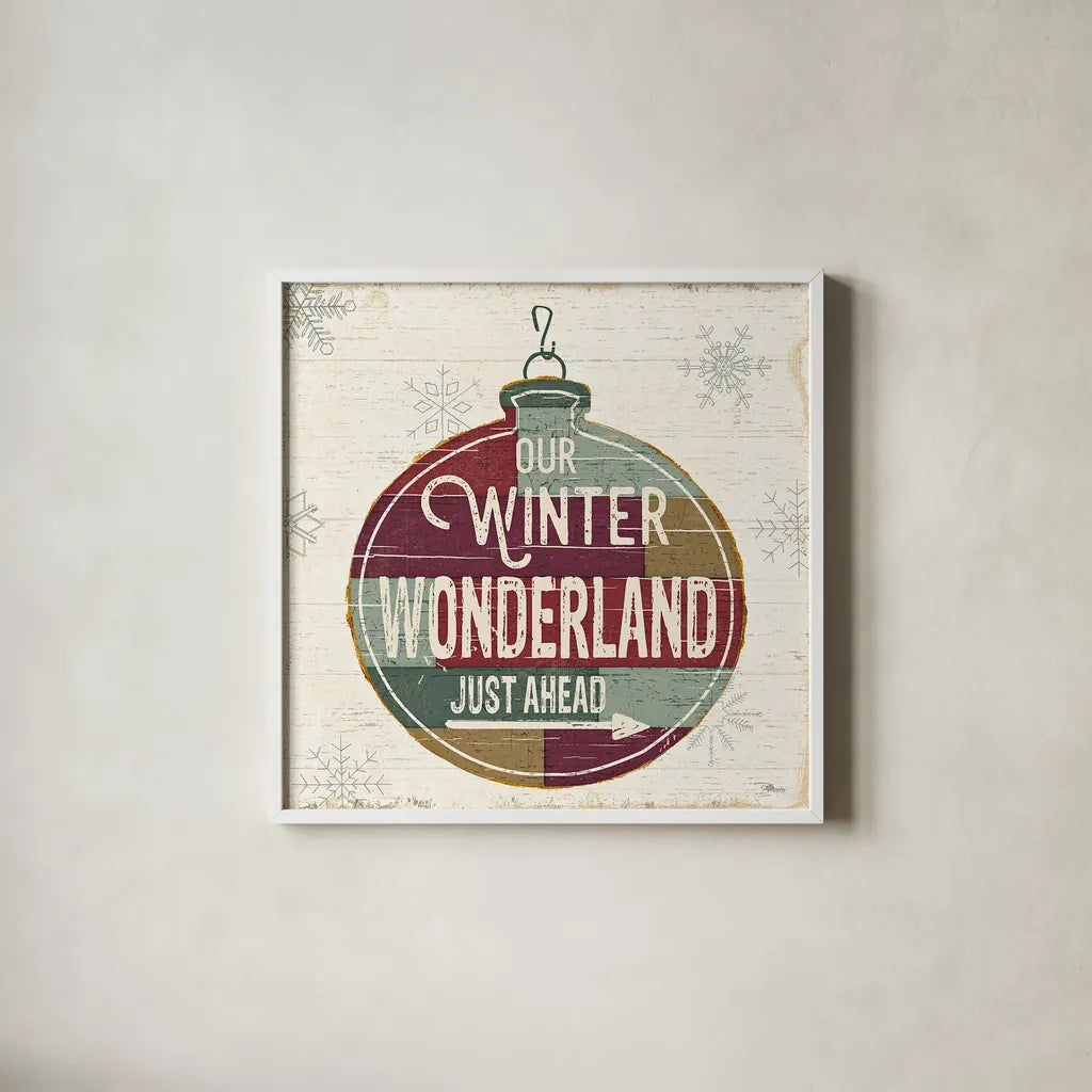 Christmas Signs II by Pela Studio. Shown in a crisp white glass frame for a clean and minimalist style. Available as an archival giclee rolled canvas, fine art paper, or poster print. SKU 36672a.
