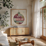 Christmas Signs II by Pela Studio. Shown in a natural wood frame in a cozy modern living room. Available as an archival giclee rolled canvas, fine art paper, or poster print. SKU 36672a.