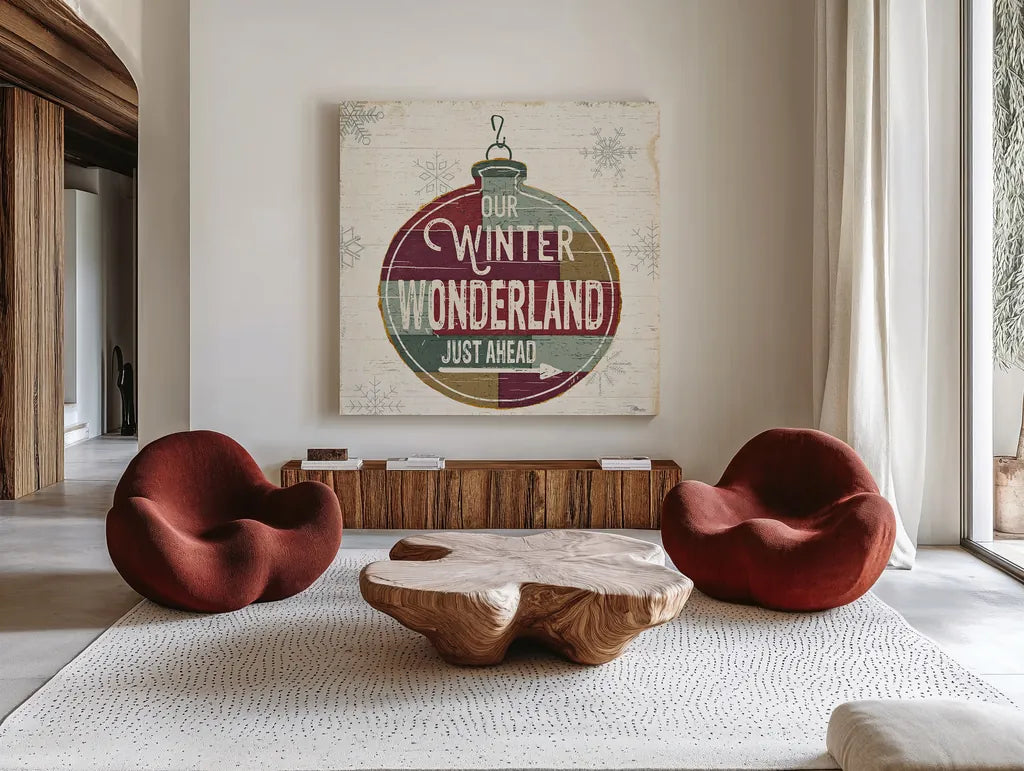 Christmas Signs II by Pela Studio. Shown as extra-large giant wall art in a modern living room. Available as an archival giclee rolled canvas, fine art paper, or poster print. SKU 36672a.