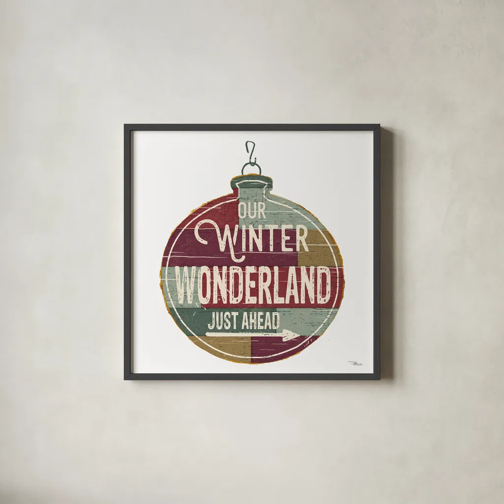 Christmas Signs II White by Pela Studio. Shown in a sleek black glass frame for a contemporary gallery look. Available as an archival giclee rolled canvas, fine art paper, or poster print. SKU 65492a.