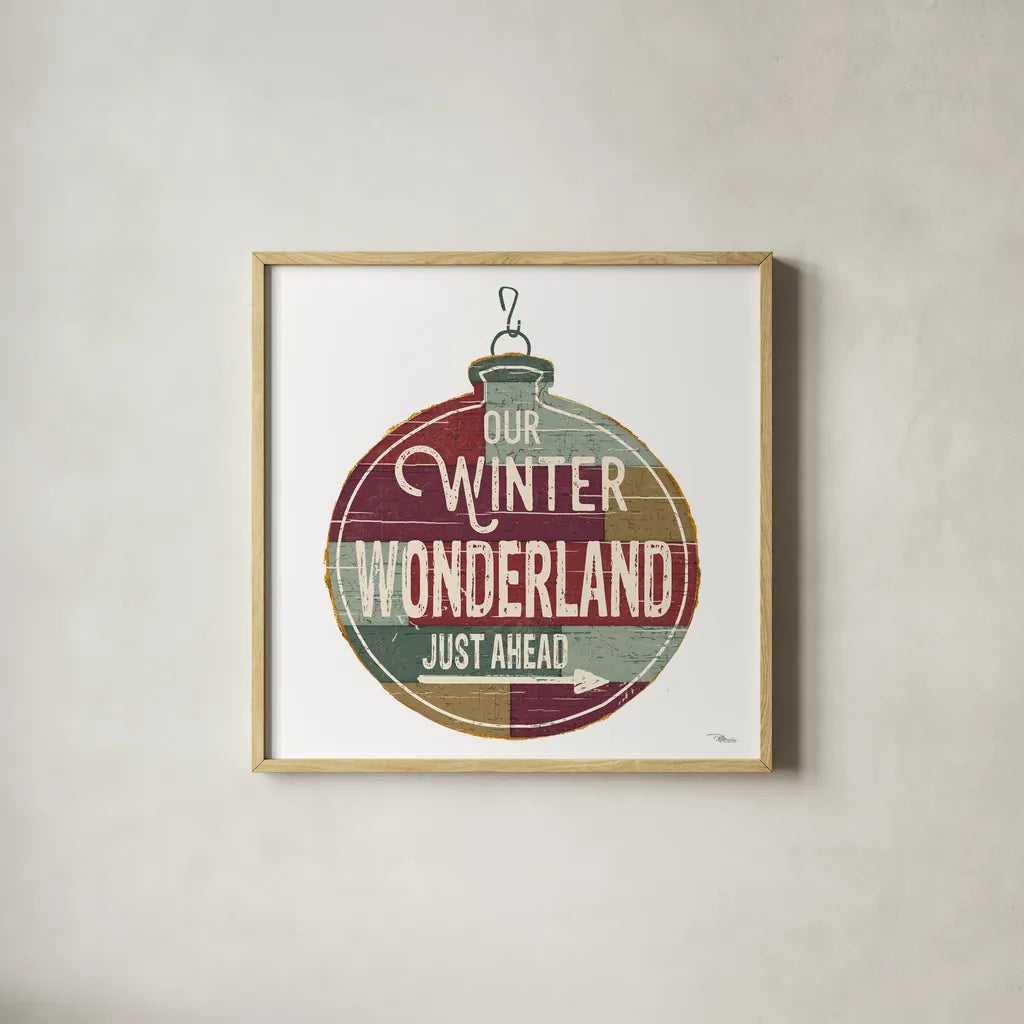 Christmas Signs II White by Pela Studio. Shown in a natural wood glass frame for a timeless modern aesthetic. Available as an archival giclee rolled canvas, fine art paper, or poster print. SKU 65492a.