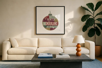 Christmas Signs II White by Pela Studio. Displayed in a glass frame with matte in a clean modern living room. Available as an archival giclee rolled canvas, fine art paper, or poster print. SKU 65492a.