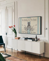 Coastal Farmhouse I by Pela Studio. shown as a framed stretched canvas in a living room above a console. Available as a archival giclee rolled canvas, fine art paper, or poster print. SKU 52321i.
