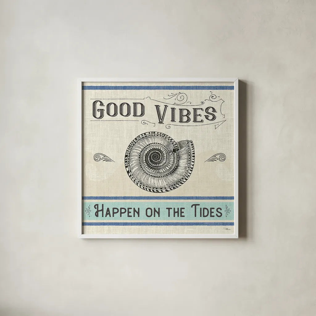 Coastal Farmhouse II by Pela Studio. Shown in a crisp white glass frame for a clean and minimalist style. Available as an archival giclee rolled canvas, fine art paper, or poster print. SKU 52322a.