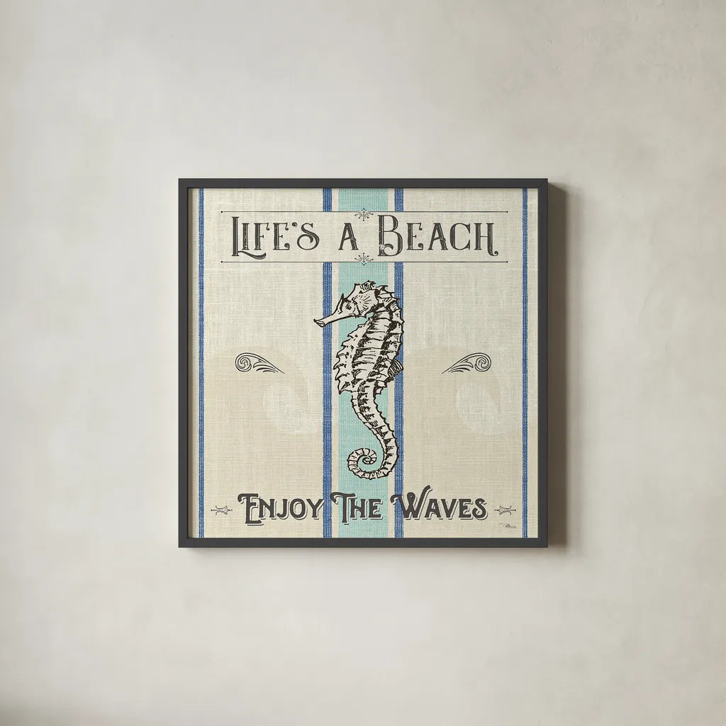 Coastal Farmhouse IV by Pela Studio. Shown in a sleek black glass frame for a contemporary gallery look. Available as an archival giclee rolled canvas, fine art paper, or poster print. SKU 52324a.