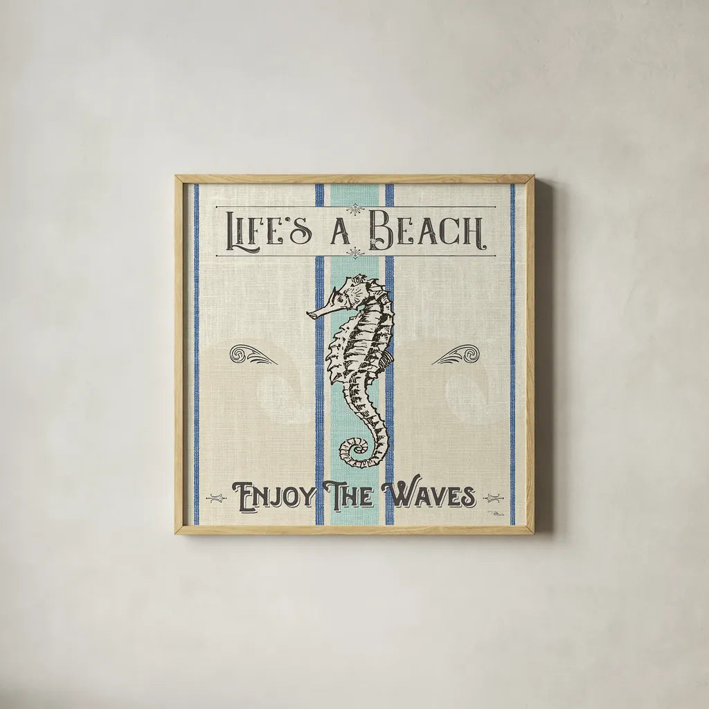 Coastal Farmhouse IV by Pela Studio. Shown in a natural wood glass frame for a timeless modern aesthetic. Available as an archival giclee rolled canvas, fine art paper, or poster print. SKU 52324a.