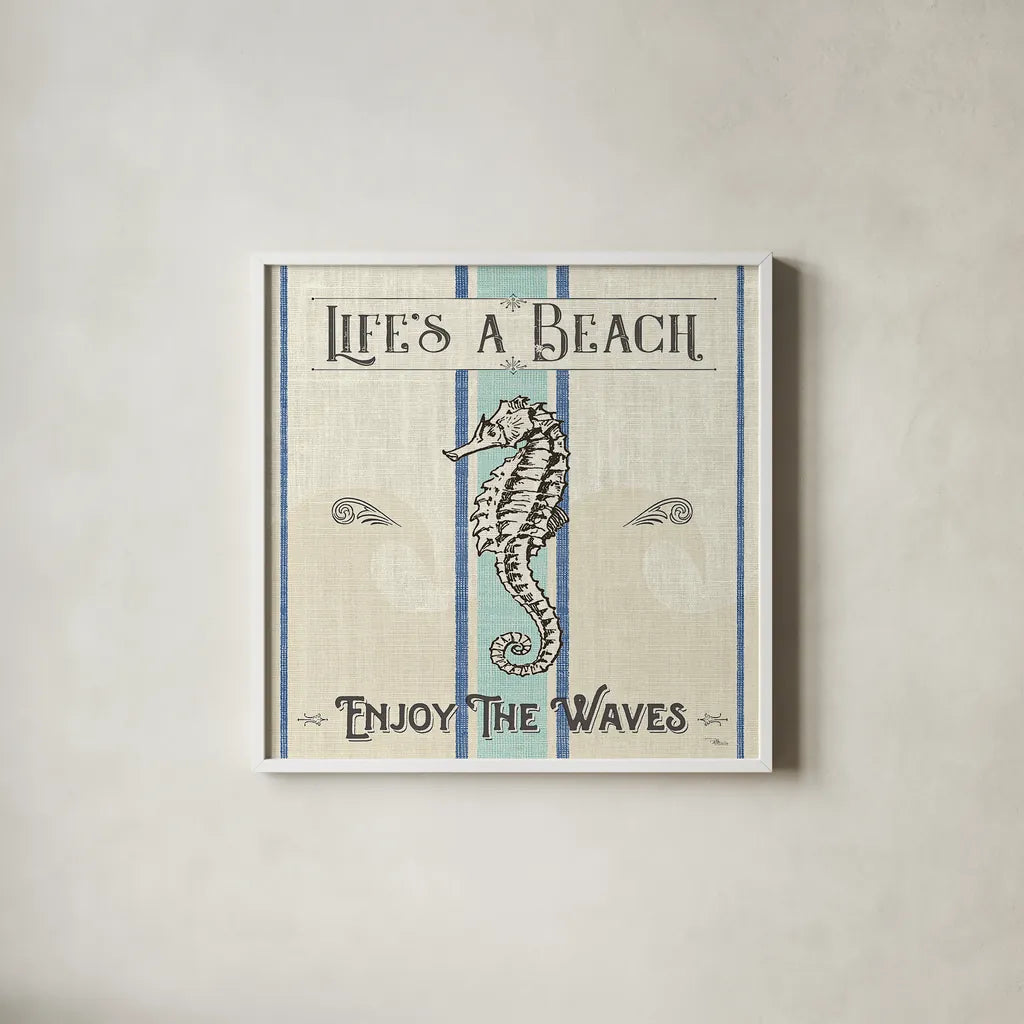 Coastal Farmhouse IV by Pela Studio. Shown in a crisp white glass frame for a clean and minimalist style. Available as an archival giclee rolled canvas, fine art paper, or poster print. SKU 52324a.