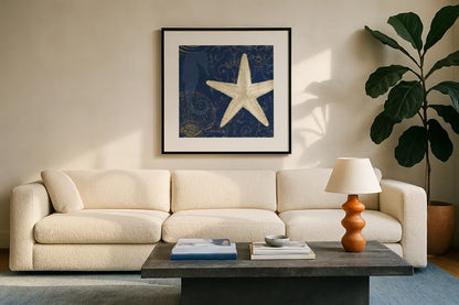 Coastal Moonlight I Teal by Pela Studio. Displayed in a glass frame with matte in a clean modern living room. Available as an archival giclee rolled canvas, fine art paper, or poster print. SKU 11385a.