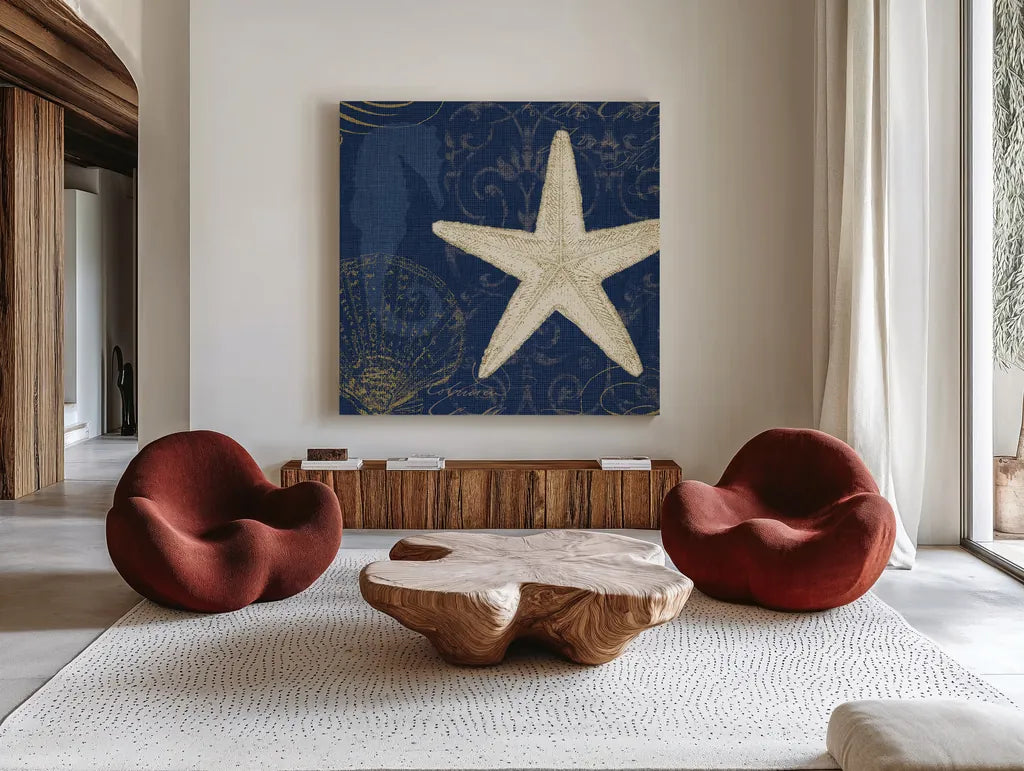 Coastal Moonlight I Teal by Pela Studio. Shown as extra-large giant wall art in a modern living room. Available as an archival giclee rolled canvas, fine art paper, or poster print. SKU 11385a.