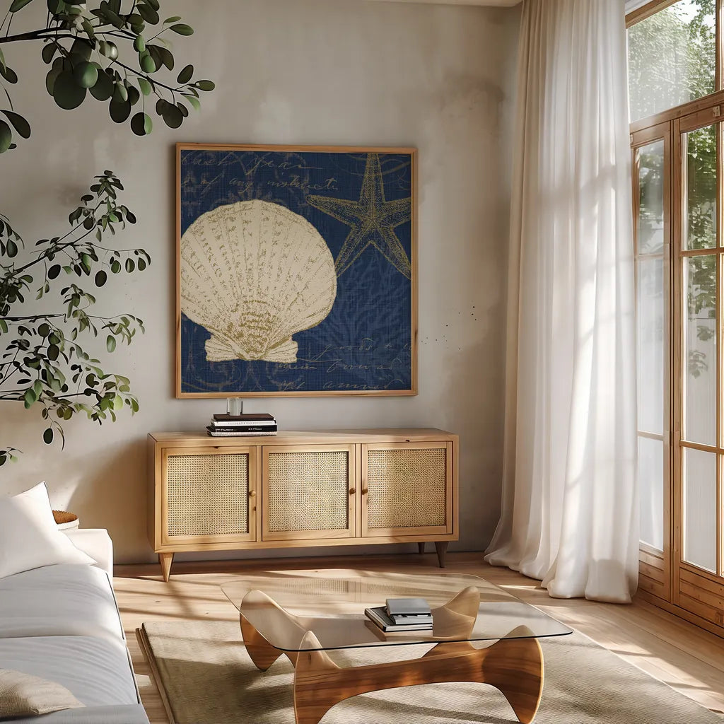 Coastal Moonlight II Teal by Pela Studio. Shown in a natural wood frame in a cozy modern living room. Available as an archival giclee rolled canvas, fine art paper, or poster print. SKU 11386a.