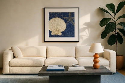 Coastal Moonlight II Teal by Pela Studio. Displayed in a glass frame with matte in a clean modern living room. Available as an archival giclee rolled canvas, fine art paper, or poster print. SKU 11386a.