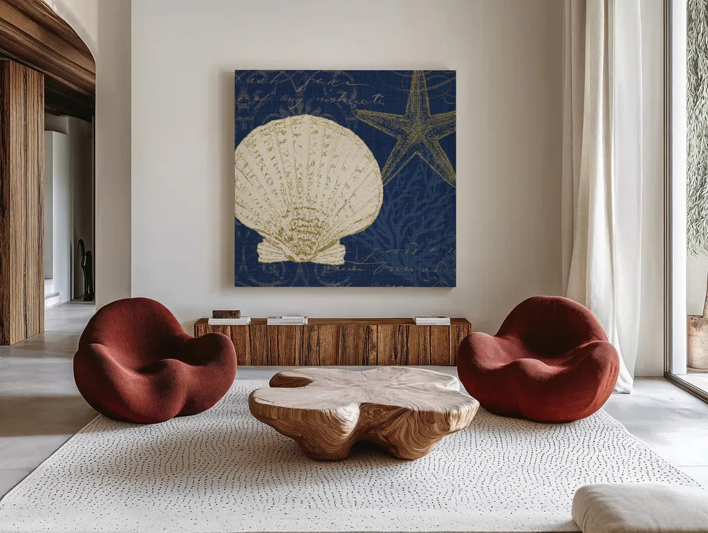 Coastal Moonlight II Teal by Pela Studio. Shown as extra-large giant wall art in a modern living room. Available as an archival giclee rolled canvas, fine art paper, or poster print. SKU 11386a.