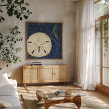 Coastal Moonlight III Teal by Pela Studio. Shown in a natural wood frame in a cozy modern living room. Available as an archival giclee rolled canvas, fine art paper, or poster print. SKU 11387a.
