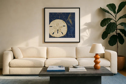 Coastal Moonlight III Teal by Pela Studio. Displayed in a glass frame with matte in a clean modern living room. Available as an archival giclee rolled canvas, fine art paper, or poster print. SKU 11387a.