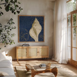 Coastal Moonlight IV Teal by Pela Studio. Shown in a natural wood frame in a cozy modern living room. Available as an archival giclee rolled canvas, fine art paper, or poster print. SKU 11388a.