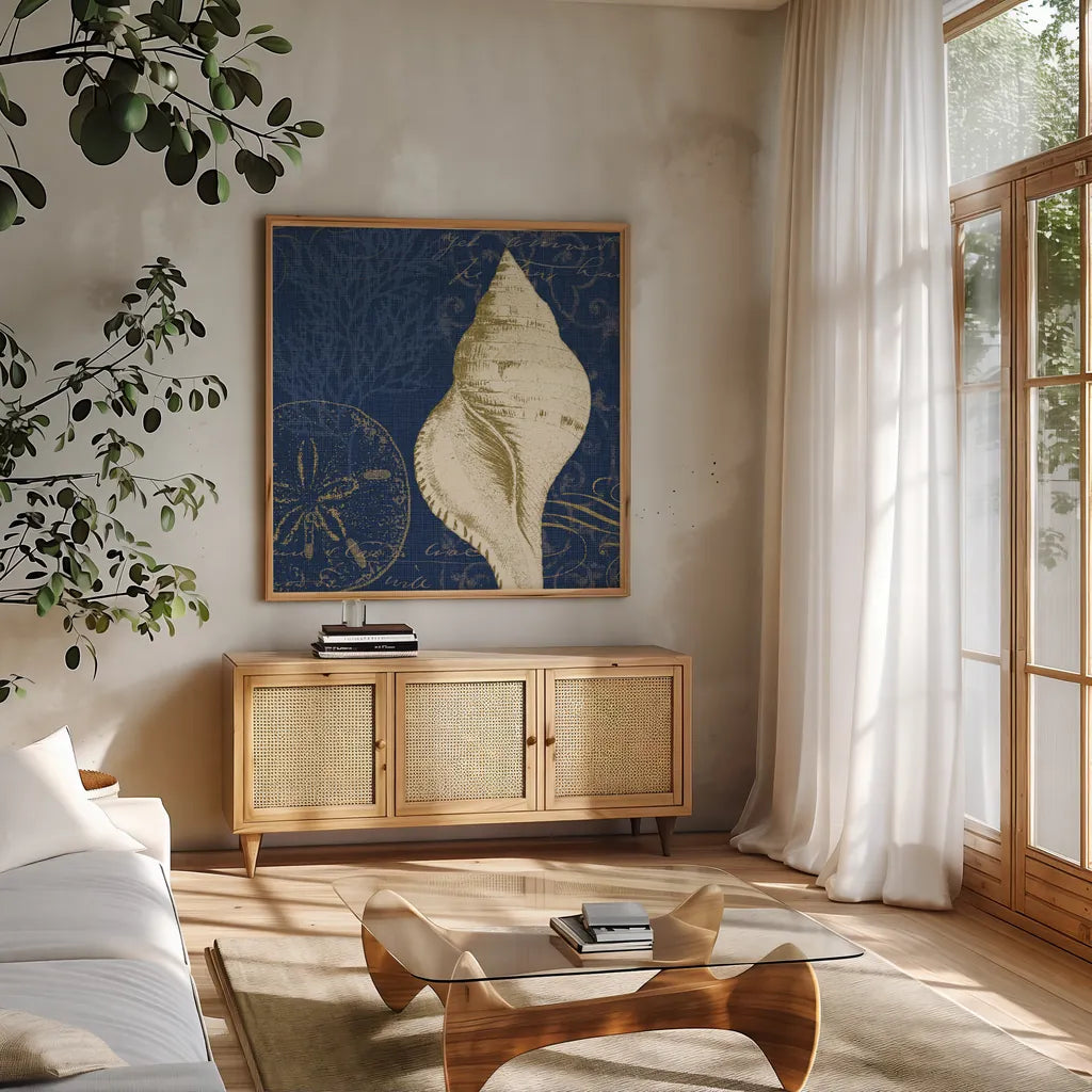 Coastal Moonlight IV Teal by Pela Studio. Shown in a natural wood frame in a cozy modern living room. Available as an archival giclee rolled canvas, fine art paper, or poster print. SKU 11388a.