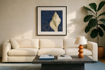 Coastal Moonlight IV Teal by Pela Studio. Displayed in a glass frame with matte in a clean modern living room. Available as an archival giclee rolled canvas, fine art paper, or poster print. SKU 11388a.