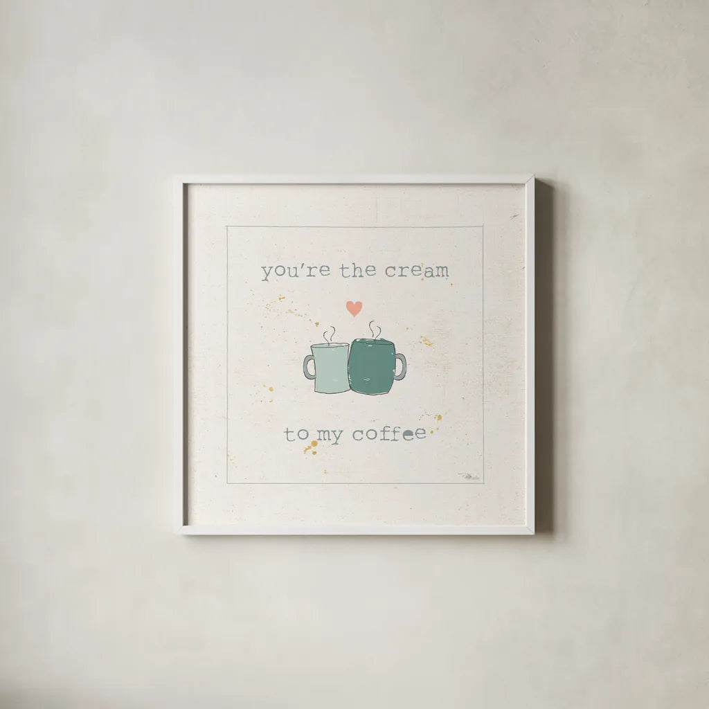 Coffee Cuties II Pastel by Pela Studio. Shown in a crisp white glass frame for a clean and minimalist style. Available as an archival giclee rolled canvas, fine art paper, or poster print. SKU 56986a.