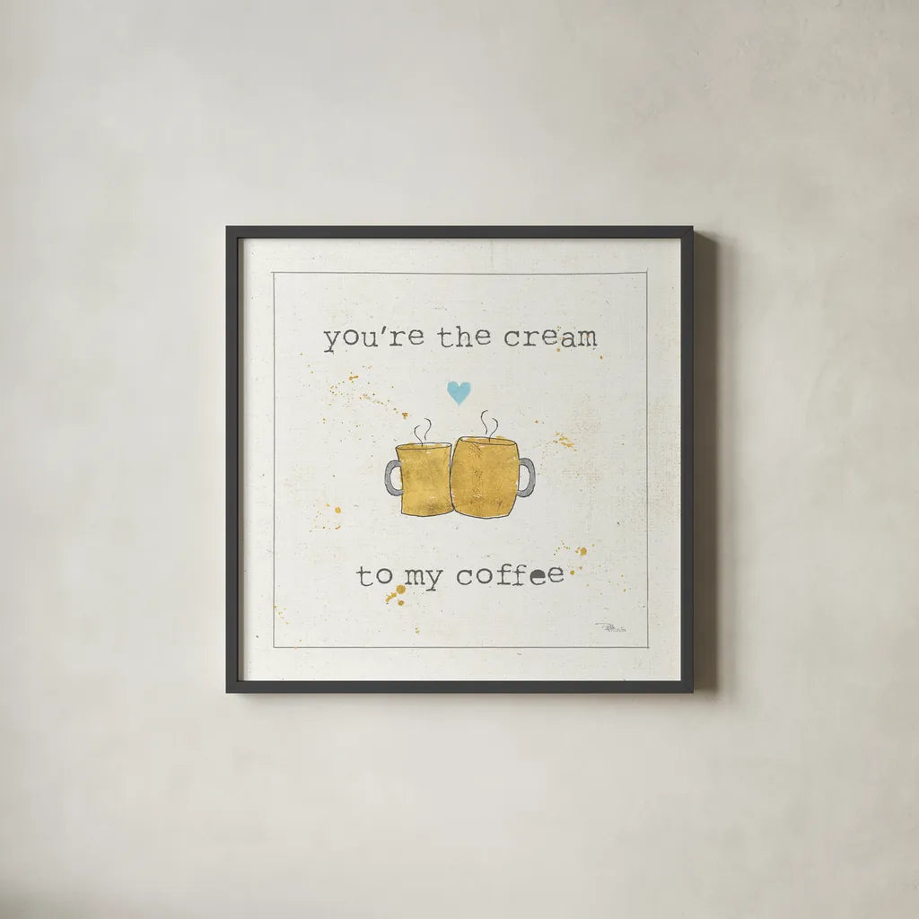 Coffee Cuties II Turquoise Heart by Pela Studio. Shown in a sleek black glass frame for a contemporary gallery look. Available as an archival giclee rolled canvas, fine art paper, or poster print. SKU 41689a.