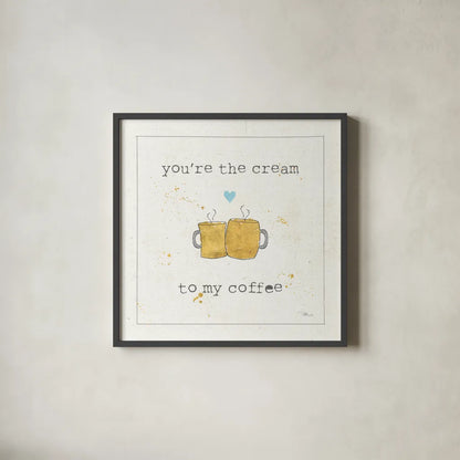 Coffee Cuties II Turquoise Heart by Pela Studio. Shown in a sleek black glass frame for a contemporary gallery look. Available as an archival giclee rolled canvas, fine art paper, or poster print. SKU 41689a.