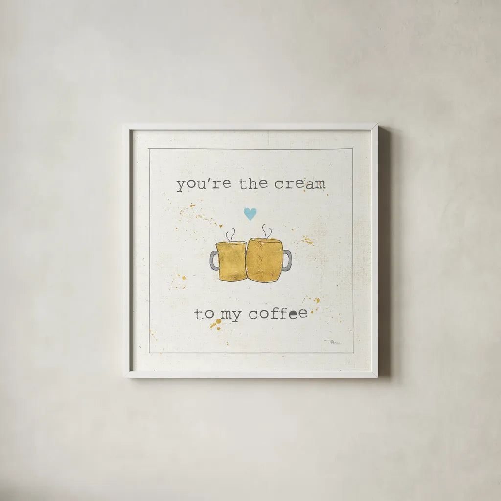 Coffee Cuties II Turquoise Heart by Pela Studio. Shown in a crisp white glass frame for a clean and minimalist style. Available as an archival giclee rolled canvas, fine art paper, or poster print. SKU 41689a.