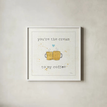 Coffee Cuties II Turquoise Heart by Pela Studio. Shown in a crisp white glass frame for a clean and minimalist style. Available as an archival giclee rolled canvas, fine art paper, or poster print. SKU 41689a.