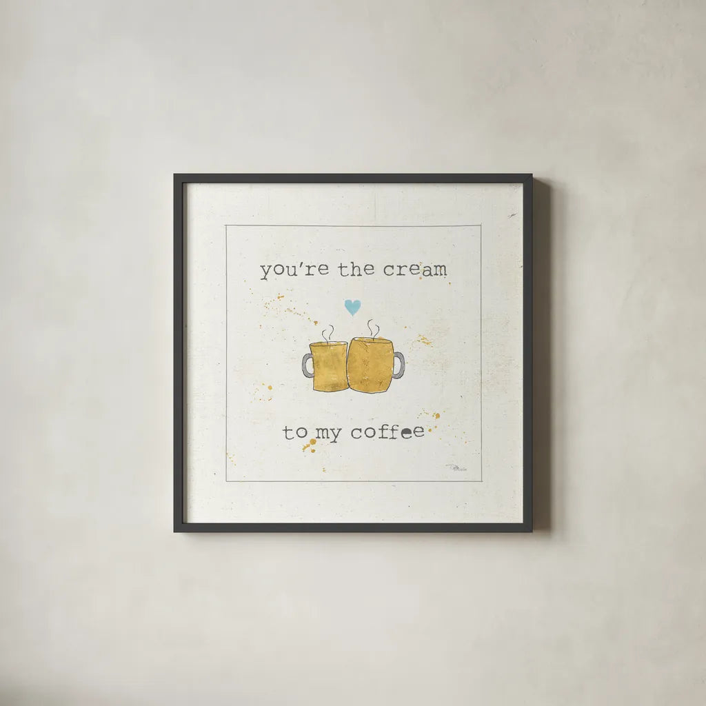 Coffee Cuties II Turquoise Heart v2 by Pela Studio. Shown in a sleek black glass frame for a contemporary gallery look. Available as an archival giclee rolled canvas, fine art paper, or poster print. SKU 43805a.