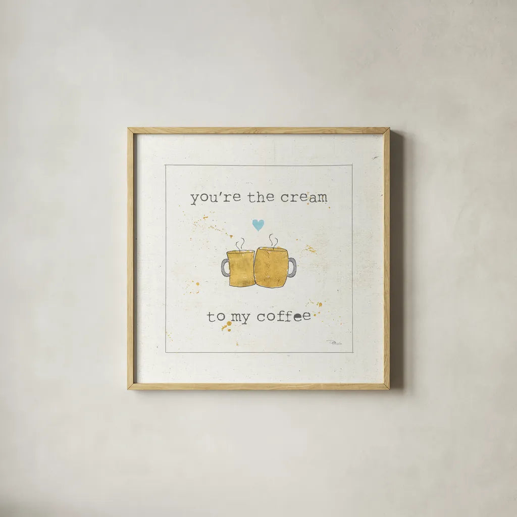 Coffee Cuties II Turquoise Heart v2 by Pela Studio. Shown in a natural wood glass frame for a timeless modern aesthetic. Available as an archival giclee rolled canvas, fine art paper, or poster print. SKU 43805a.