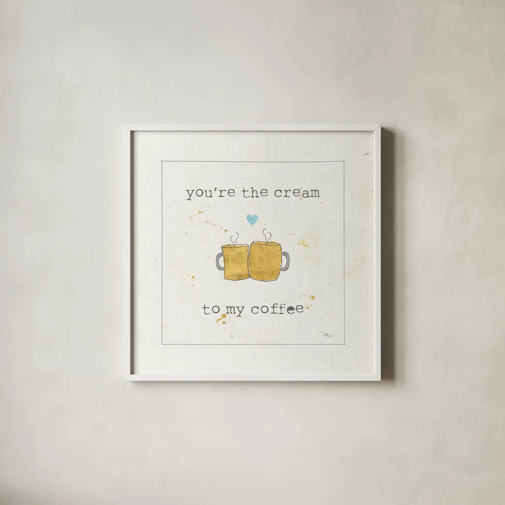 Coffee Cuties II Turquoise Heart v2 by Pela Studio. Shown in a crisp white glass frame for a clean and minimalist style. Available as an archival giclee rolled canvas, fine art paper, or poster print. SKU 43805a.