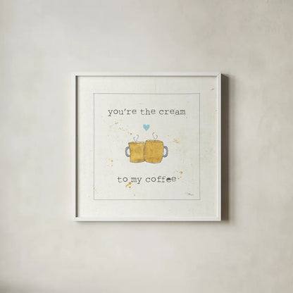 Coffee Cuties II Turquoise Heart v2 by Pela Studio. Shown in a crisp white glass frame for a clean and minimalist style. Available as an archival giclee rolled canvas, fine art paper, or poster print. SKU 43805a.