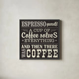 Coffee Lovers VIII by Pela Studio. Shown in a sleek black glass frame for a contemporary gallery look. Available as an archival giclee rolled canvas, fine art paper, or poster print. SKU 101071a.