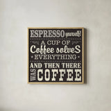 Coffee Lovers VIII by Pela Studio. Shown in a natural wood glass frame for a timeless modern aesthetic. Available as an archival giclee rolled canvas, fine art paper, or poster print. SKU 101071a.