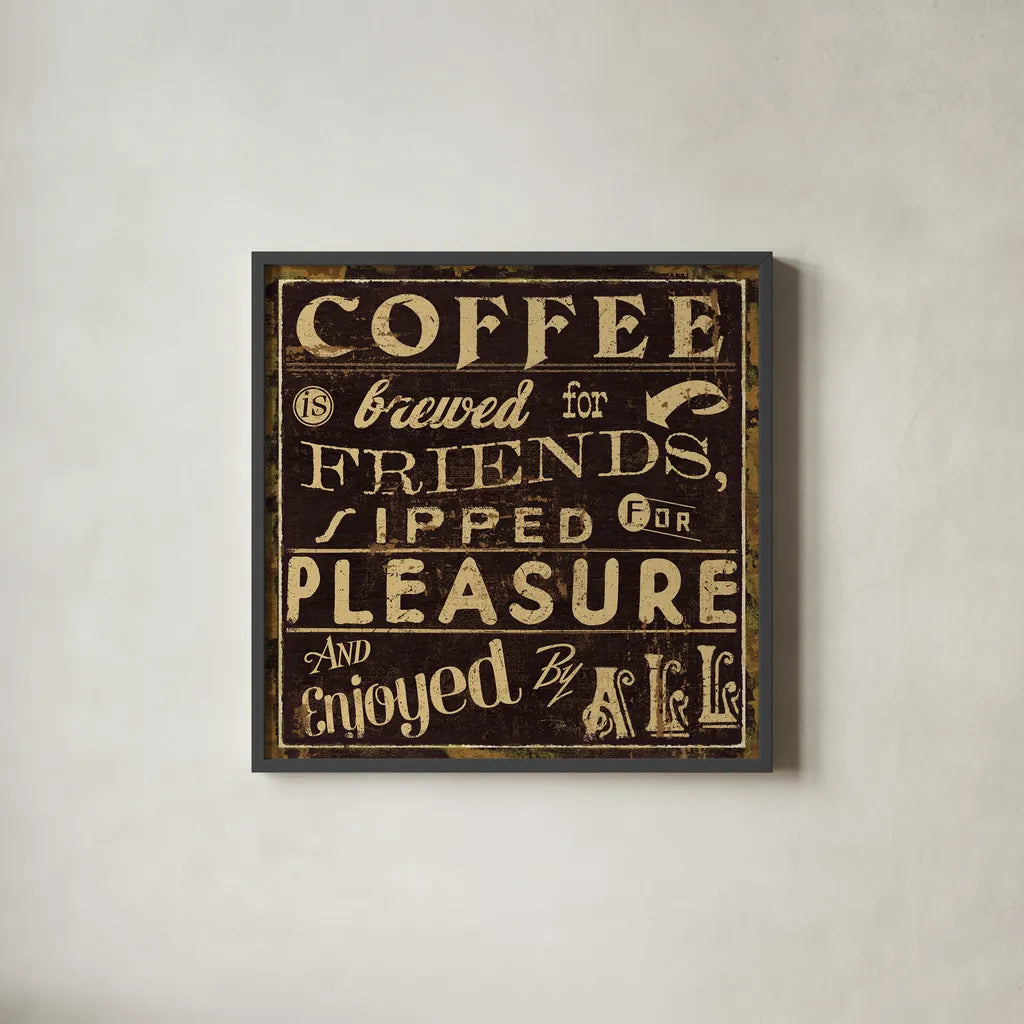 Coffee Quote II by Pela Studio. Shown in a sleek black glass frame for a contemporary gallery look. Available as an archival giclee rolled canvas, fine art paper, or poster print. SKU 8009a.