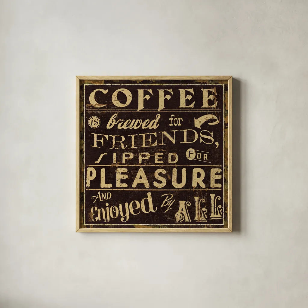 Coffee Quote II by Pela Studio. Shown in a natural wood glass frame for a timeless modern aesthetic. Available as an archival giclee rolled canvas, fine art paper, or poster print. SKU 8009a.