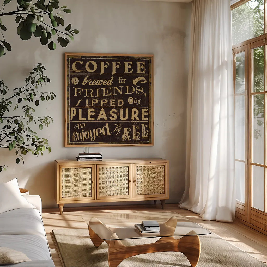 Coffee Quote II by Pela Studio. Shown in a natural wood frame in a cozy modern living room. Available as an archival giclee rolled canvas, fine art paper, or poster print. SKU 8009a.