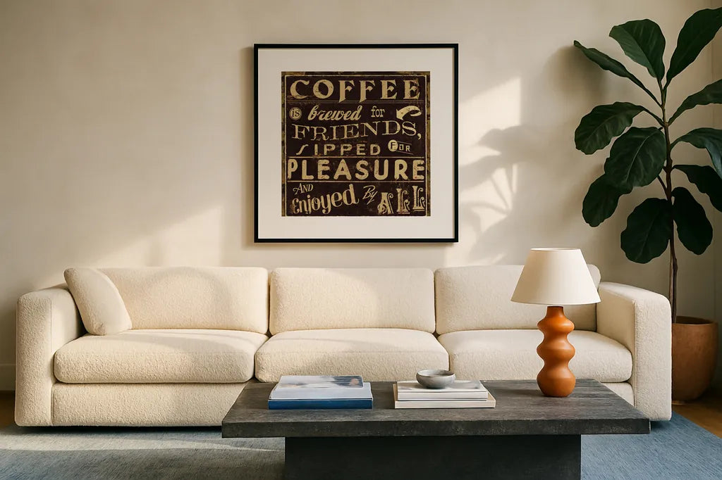 Coffee Quote II by Pela Studio. Displayed in a glass frame with matte in a clean modern living room. Available as an archival giclee rolled canvas, fine art paper, or poster print. SKU 8009a.