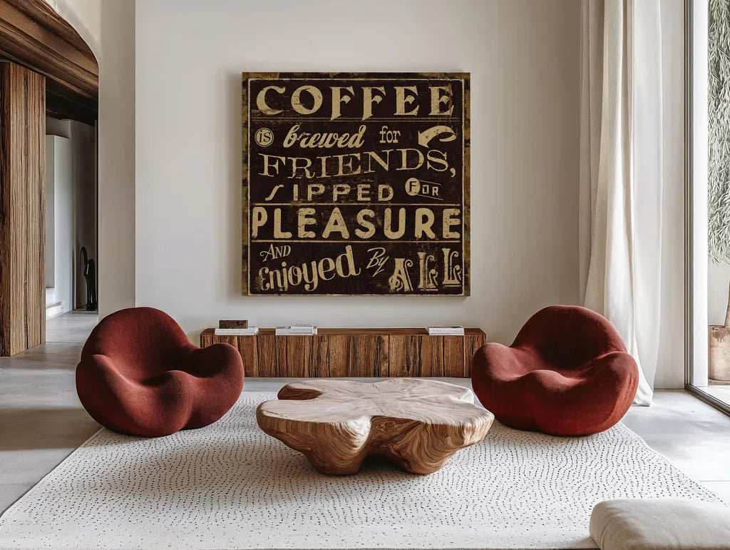 Coffee Quote II by Pela Studio. Shown as extra-large giant wall art in a modern living room. Available as an archival giclee rolled canvas, fine art paper, or poster print. SKU 8009a.