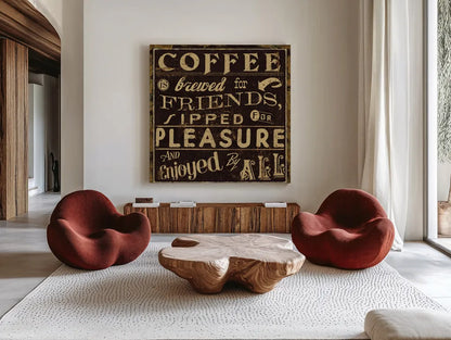 Coffee Quote II by Pela Studio. Shown as extra-large giant wall art in a modern living room. Available as an archival giclee rolled canvas, fine art paper, or poster print. SKU 8009a.