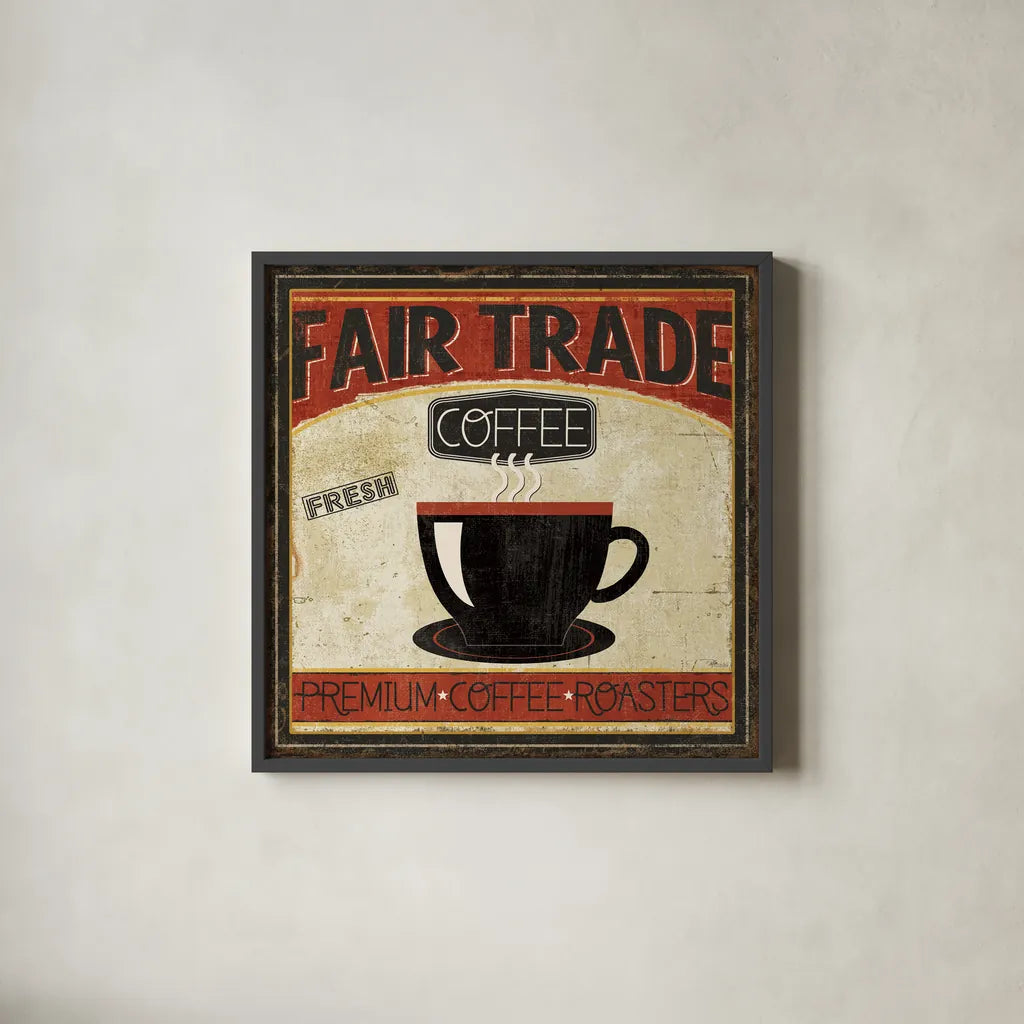 Coffee Roasters I by Pela Studio. Shown in a sleek black glass frame for a contemporary gallery look. Available as an archival giclee rolled canvas, fine art paper, or poster print. SKU 10832a.