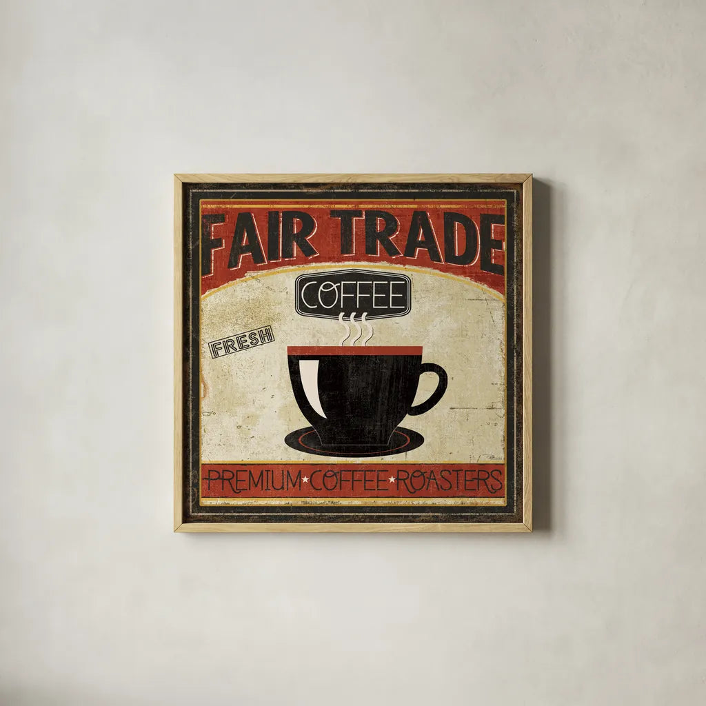 Coffee Roasters I by Pela Studio. Shown in a natural wood glass frame for a timeless modern aesthetic. Available as an archival giclee rolled canvas, fine art paper, or poster print. SKU 10832a.