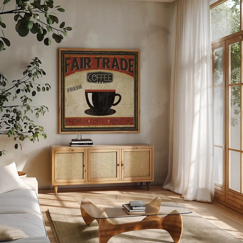 Coffee Roasters I by Pela Studio. Shown in a natural wood frame in a cozy modern living room. Available as an archival giclee rolled canvas, fine art paper, or poster print. SKU 10832a.