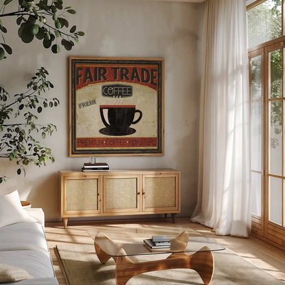 Coffee Roasters I by Pela Studio. Shown in a natural wood frame in a cozy modern living room. Available as an archival giclee rolled canvas, fine art paper, or poster print. SKU 10832a.