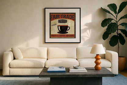 Coffee Roasters I by Pela Studio. Displayed in a glass frame with matte in a clean modern living room. Available as an archival giclee rolled canvas, fine art paper, or poster print. SKU 10832a.
