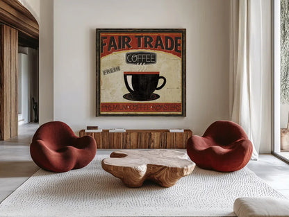 Coffee Roasters I by Pela Studio. Shown as extra-large giant wall art in a modern living room. Available as an archival giclee rolled canvas, fine art paper, or poster print. SKU 10832a.