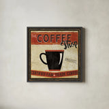 Coffee Roasters II by Pela Studio. Shown in a sleek black glass frame for a contemporary gallery look. Available as an archival giclee rolled canvas, fine art paper, or poster print. SKU 10833a.