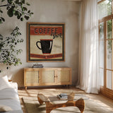 Coffee Roasters II by Pela Studio. Shown in a natural wood frame in a cozy modern living room. Available as an archival giclee rolled canvas, fine art paper, or poster print. SKU 10833a.