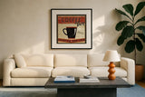 Coffee Roasters II by Pela Studio. Displayed in a glass frame with matte in a clean modern living room. Available as an archival giclee rolled canvas, fine art paper, or poster print. SKU 10833a.